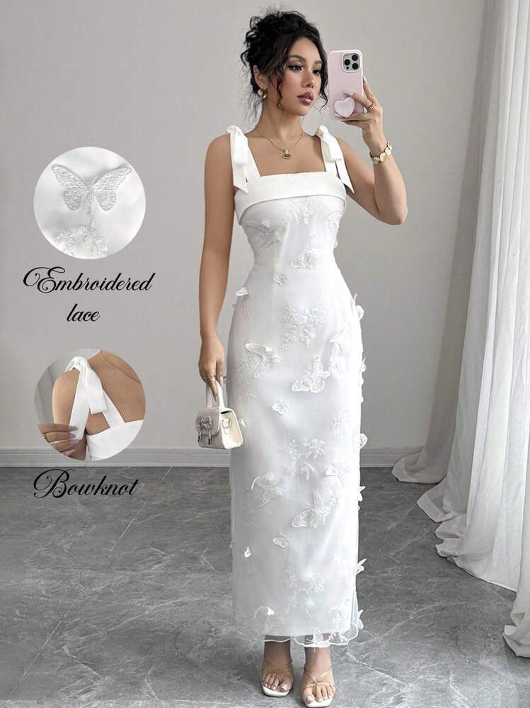 Elenzga Vestido Mulheres Elegante Sem Mangas de Alça de Espaguete Cinturado em Renda Modelador com Textura de Borboleta, Primavera/Verão - Branco - Visão 1