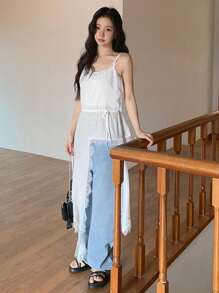 DAZY Áo ba lỗ dài ren tương phản màu trơn không đối xứng cho nữ, thích hợp để mặc nhiều lớp vào mùa xuân và mùa hè - trắng - Xem 13