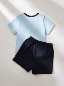 Cozy Pixies 2pcs Baby Boy Baseball Glove Pattern Contrast Color Knit Soft Round Neck Short Sleeve Top And Elastic Waist Shorts Set - Blue - View 2