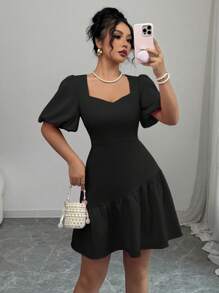 Elenzga Women's Elegant Solid Color A-Line Dress With Puff Sleeves And Waist Cinching, Suitable For Commuting, Spring/Summer - Black - View 7