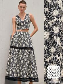 Aveloria Modichic Nuevo estilo elegante conjunto de top corto sin mangas escote en V y falda extra larga de moda francesa, diseño exquisito de contraste de color con bordado de flores 3D de encaje calado