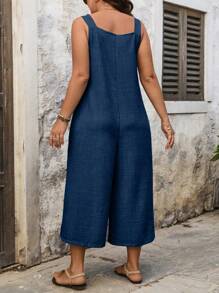 SHEIN LUNE CURVE Plus Size Drawstring Pocket Decor Straight-Leg Jumpsuit - Navy Blue - View 2