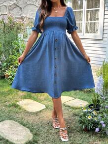 SHEIN Vestido de embarazada de cuello cuadrado de unicolor y manga corta, adecuado para el verano - Azul - Ver 4