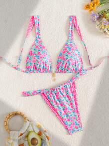 SHEIN Swim Women's Fashion Sexy Multicolor Random Print Triangle Top & Tie-Side Bottom Bikini Set, Tropical Holiday Style For Summer Beach Vacation - Multicolor - View 6