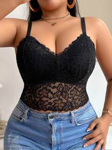 SHEIN Non-Wired No-Cup Sexy Plus Size Lace Lingerie - Black - View 5