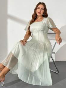 Firerie Đầm midi tay bèo nhún cổ chữ V thanh lịch cỡ lớn, dáng chữ A, thoải mái & giản dị, màu xanh lá cây nhạt, mùa xuân/hè - màu xanh lá - Xem 3