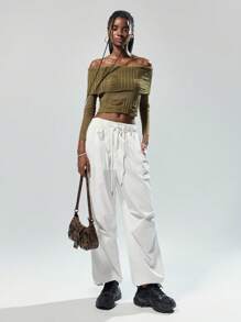 Easelle Retro Off-Shoulder Knitting Contrast Mesh Bodycon Green Sweater For Women - Green - View 6