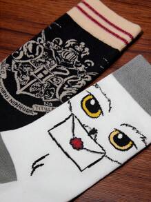 HARRY POTTER X SHEIN 2 pares de calcetines transpirables y suaves de media pantorrilla, con diseño de la lechuza Hedwig de Hogwarts, con refuerzo en el dedo del pie y el talón, adecuados para todas las estaciones, en blanco y a rayas, unisex para hombres y mujeres - Multicolor - Ver 4