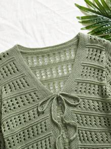 Travachic Áo len cardigan rỗng tay dài buộc trước màu trơn cho kỳ nghỉ mùa thu/đông dành cho nữ - Màu xanh Ô liu - Xem 4