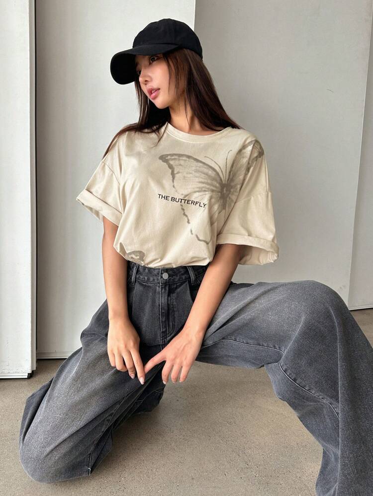Women's Summer Butterfly And Letter Print Round Neck Drop Shoulder Loose Casual T-Shirt Y2k Graphic Tee Oversized T-Shirt