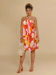 Travachic 大码花卉印花无袖橙色迷你连衣裙，女士休闲度假沙滩裙