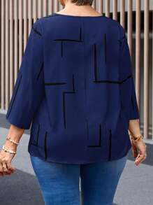 EMERY ROSE Camicia casual a maniche 3/4 con scollo rotondo, stampa linea old money, per abbigliamento da donna elegante casual in taglie comode per la primavera