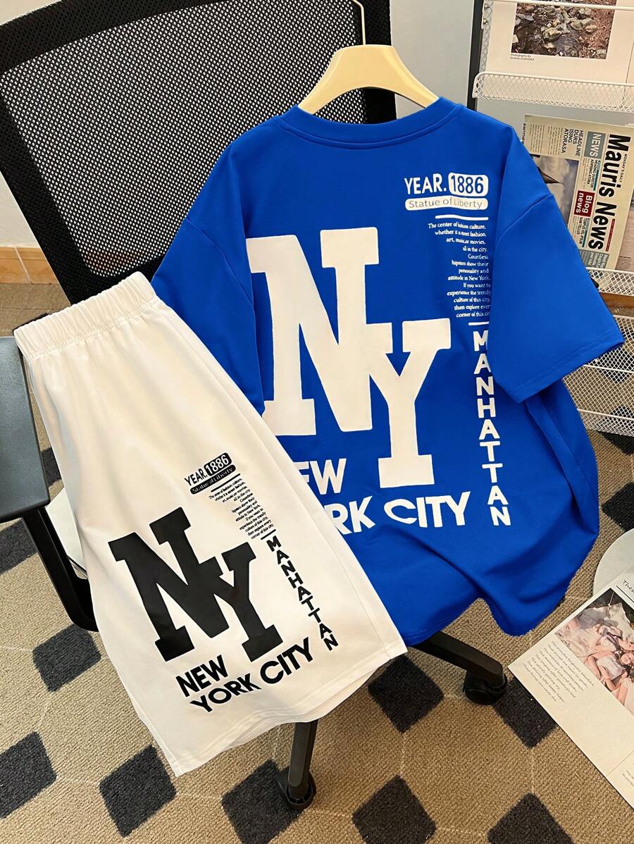 SHEIN 2 件套青少年男孩休闲短袖 T 恤和短裤套装，街头朋克摇滚学院风，适合春夏季、日常穿着、派对、音乐节，大号英文印花蓝白 - 寶藍色 - 查看 1