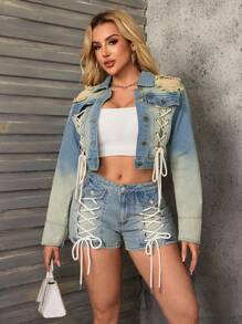 SHEIN SXY Retro Vintage Low-Waist Denim Shorts For Women, Summer New Arrival Niche Design With Drawstring, Fashion Versatile Casual Straight Leg Jeans - Blue - View 6
