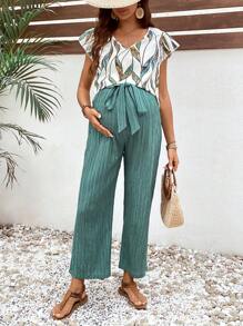 SHEIN 夏季休闲两件套孕妇装V领荷叶边全印花上衣搭配纯色纹理裤套装 - 綠色 - 查看 5