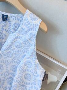 GlowEve CURVE 大码女式两件套 - 无袖提花梭织上衣，鸡心领和松紧腰阔腿短裤，优雅通勤和度假装，夏季 - 藍白色 - 查看 5