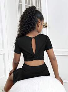 SHEIN Tween Girl Soft Knit Fitted Twisted Back Sports Short Sleeve T-Shirt - Black - View 4