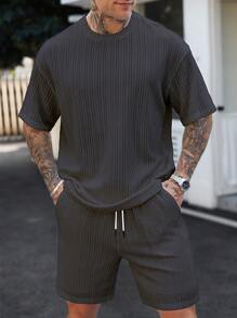 Manfinity Homme 男士度假休闲风格，采用 INS 风格春夏橙色毛圈图案花卉短袖衬衫和短裤套装，适合夏威夷海滩度假，适合夏季舒适服装 - 灰色 - 查看 3