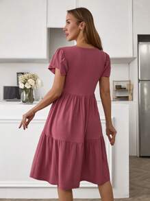 RueChic Square Neck Ruffle Hem Dress - Hot Pink - View 2