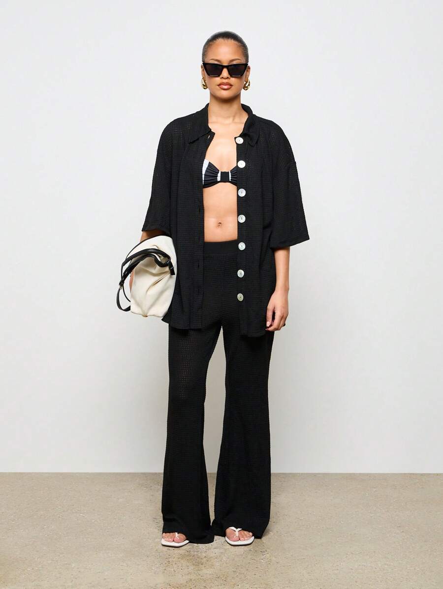 AiiRZ Crochet Button-Up Wide Leg Pants Set Resort Vacation Summer Beach Cover Up Loungewear Two Piece Co-Ord Set Textured Knit Flared Pants Suit - Black - View 1
