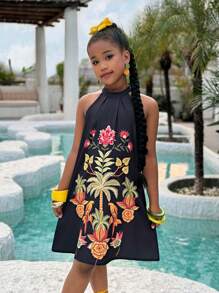 Tween Girl Tropical Ruffled Halter A-Line Dress, Suitable For Vacation And Beach, Mommy And Me Matching Outfits (2 Pieces Are Sold Separately) - Black - View 4