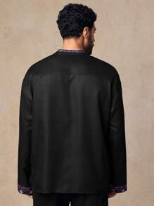 GENTILAND Men's Casual Woven Stand Collar V-Neck Floral Print Long Sleeve Shirt