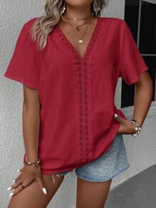 EMERY ROSE Blusa de talla grande de unicolor casual con aplicaciones de encaje - Burdeos - Ver 5