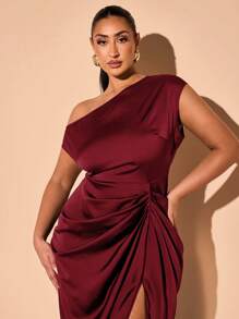 SHEIN BAE 大码女式浪漫情人节假期海滩度假性感优雅通勤派对节日缎面不对称垂坠高开衩连衣裙，女士正式礼服，女士生日礼服 - 酒紅色 - 查看 6