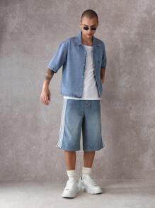 SUMWON Designer Oversized Street Style Denim Short Sleeve Shirt Los Angeles California Streetwear Fashion Vintage Urban Premium Casual Top International Collection Festival Summer Modern - Blue - View 6