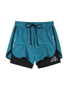 Manfinity Sport Corelite Men's Casual Contrast Color Patchwork Sports Shorts, Summer Biker Shorts Running Shorts - Teal Blue - View 3