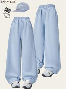 SHEIN Explorewe Tween Girl 1 件纹理面料白色休闲舒适长裤，夏季新品 - 薄荷藍 - 查看 9