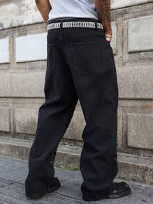 Manfinity EMRG Men's Black Washed Gothic Graffiti Print Loose Wide-Leg Jeans