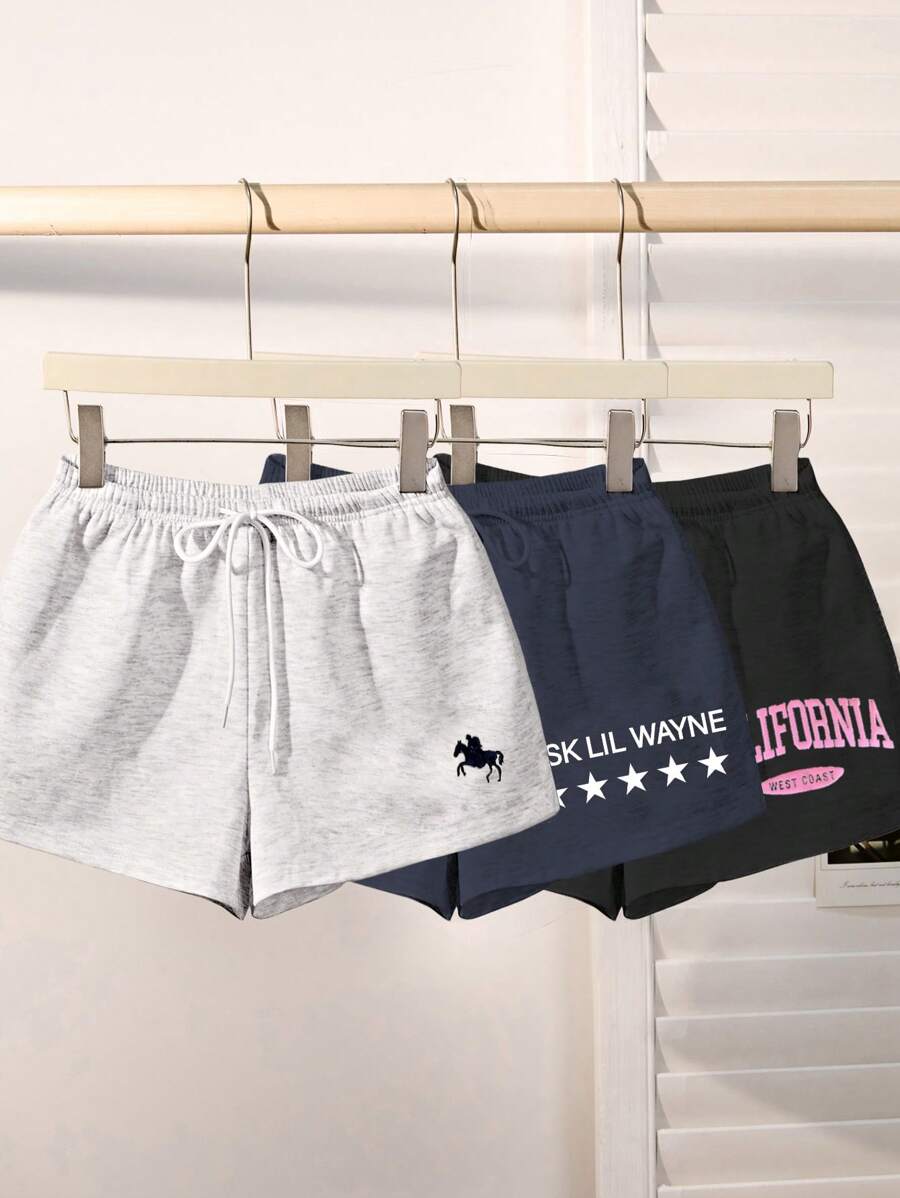 3pcs Puff Embroidered Shorts, Women Summer Shorts - Light Grey - View 1