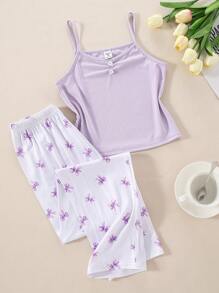 2pcs/Set Tween Girls Ribbed Camisole & Bow Print Elastic Waist Casual Pants Home Outfit - Purple - View 3