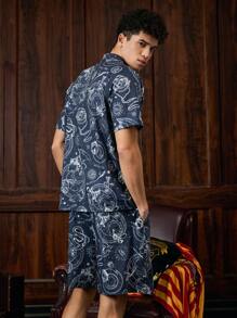 HARRY POTTER X SHEIN 男士全印花短袖上衣和短裤家居服睡衣套装 - 藏蓝色 - 查看 2