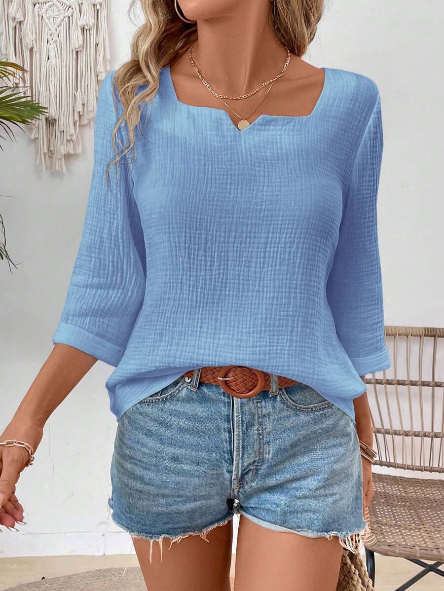 EMERY ROSE 女士纯色 V 领 3/4 袖休闲宽松衬衫 - 藍色 - 查看 1