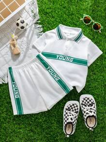 SHEIN Bộ 2 món/Bộ quần áo thun polo dệt kim rộng rãi, phong cách thể thao thường ngày cho bé trai và bé gái, phù hợp cho mùa xuân và mùa hè, đồ mặc ở nhà và đồ mặc ngoài - trắng - Xem 5