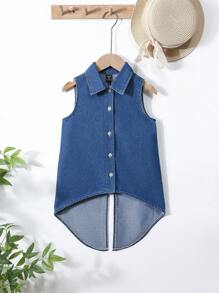 女童休闲宽松牛仔衬衫，前短后长设计，甜美可爱的蝴蝶装饰，简约时尚百搭，适合日常穿着