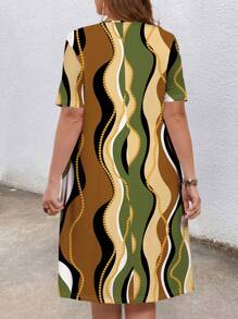EMERY ROSE Plus Size Women's Wave Striped Geometric Print Crew Neck Country Vacation Dress, Spring/Summer Suitable For Going Out Chic Dress - Multicolor - View 3