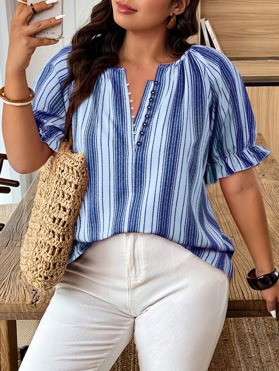 SHEIN LUNE Plus Size Stripe Print Decorative Button Notched Collar Casual Short Sleeve Shirt - Multicolor - View 1