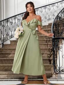 Cravure Frühlings- und Sommer-Maxikleid in Große Größen, elegant mit Off-Shoulder gewickelter, gebundener Optik für Hochzeiten - Minzgrün - Übersicht 3