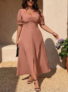 SHEIN Clasi Plus Size Summer Simple Solid Color V-Neck Ruched Bust Dress - Pink - View 3