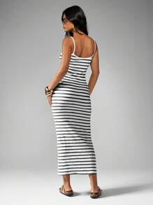 MISSGUIDED 条纹Bodycon Maxi连衣裙意大利面表带夏季海滩休闲长款合身背心连衣裙度假胜地穿无袖立柱