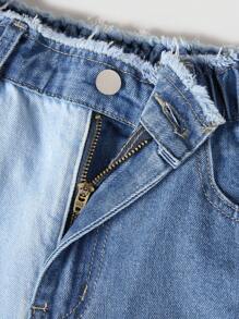 Denimly Tween Girl 都市街头时尚波西米亚风撞色原始下摆宽松直筒牛仔裤，带有原始下摆松紧腰带细节和平口袋，纽扣闭合，女孩必备的节日派对物品。 - 彩色 - 查看 5