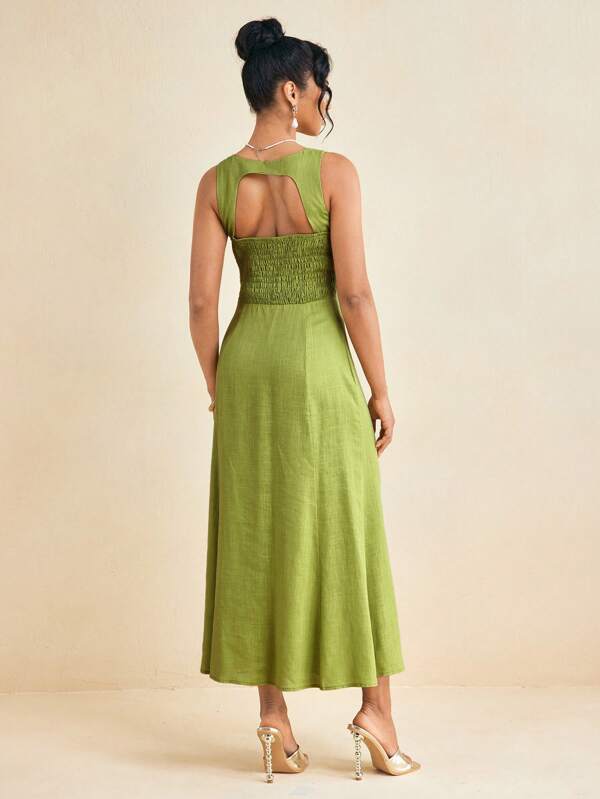 Amiko Spring Summer Lime Green Smocking Back Gored Midi Dress With Cutouts