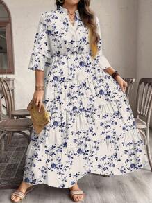 EMERY ROSE Abito lungo con stampa floreale casuale elegante, adatto per primavera e autunno, taglie comode