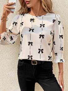 SHEIN Clasi 黑白蝴蝶结印花圆领修身中线女式衬衫，夏季春季教师衬衫，适合女教师度假乡村夏装 - 杏色 - 查看 7