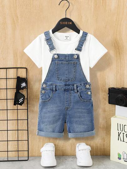 SHEIN 年轻男孩夏季破洞休闲石洗卷边蓝色弹力紧身牛仔背带裤连体裤短裤，适合男孩夏装日常穿着