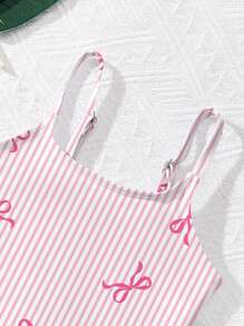 SHEIN Cute Pink Striped Bow Print Young Girls' Simple Casual One-Piece Swimsuit, Suitable For Summer - Multicolor - View 4