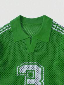 ROMWE MEN Prep Men's Digit Pattern Casual Knitted Polo Shirt, Short Sleeve - Green - View 3